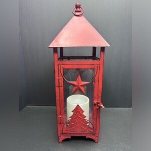 Rustic Christmas Lantern with flameless candle - barn red - approx 16.5" tall
